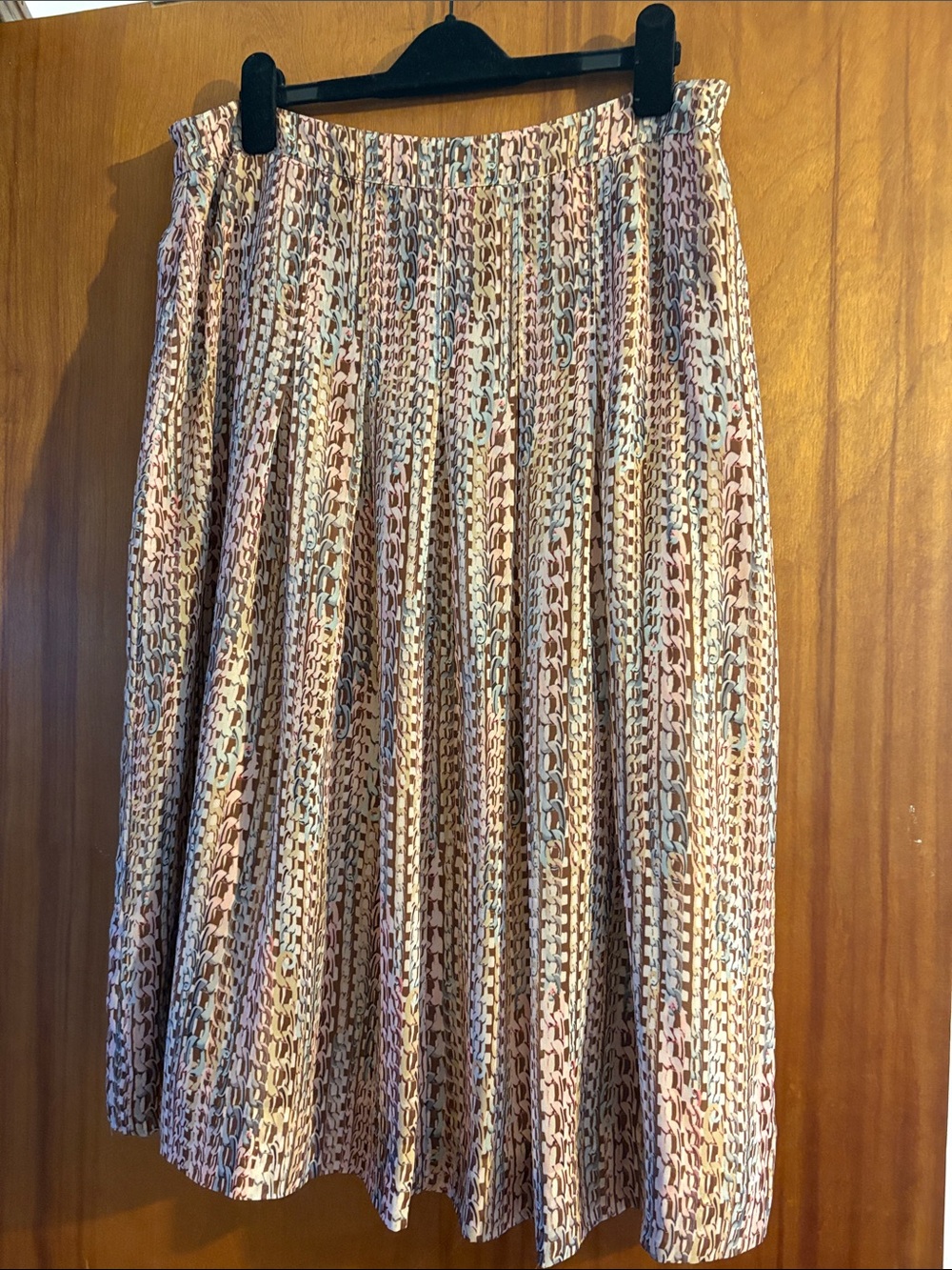 Carlisle Pleated Midi Skirt in Brown, Pink, and Tan